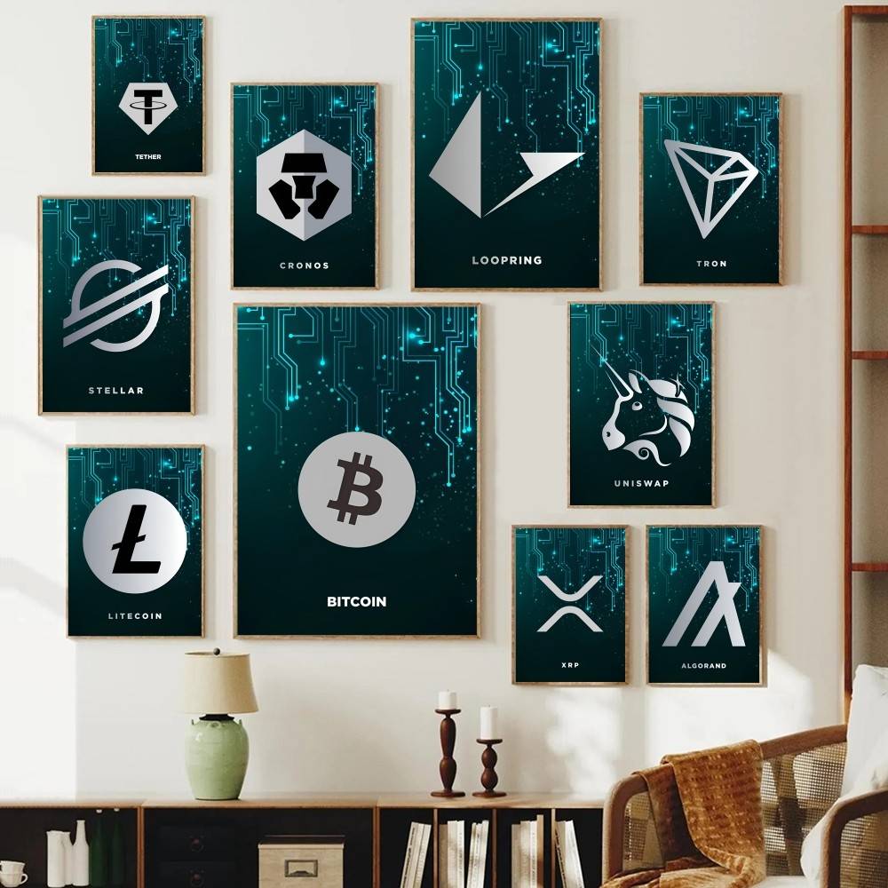 Tech Office Wallpaper - Poster Simbol Kripto Sirkuit Teknologi Logo